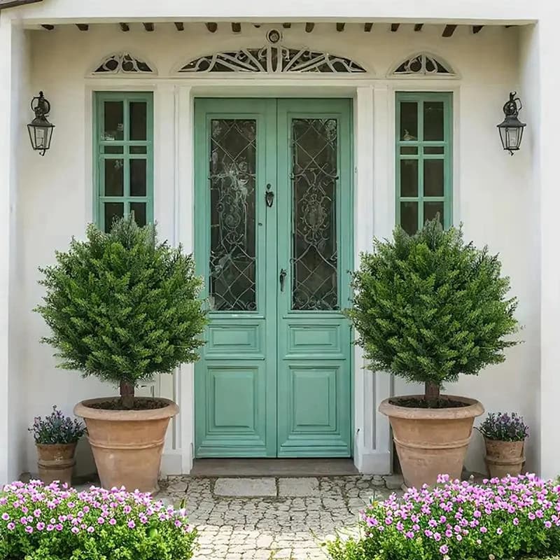 2PCS Alberi a sfera topiaria artificiale per esterni Cespugli finti resistenti ai raggi UV Piante in vaso Decorazione del portico della porta Alberi a sfera artificiali