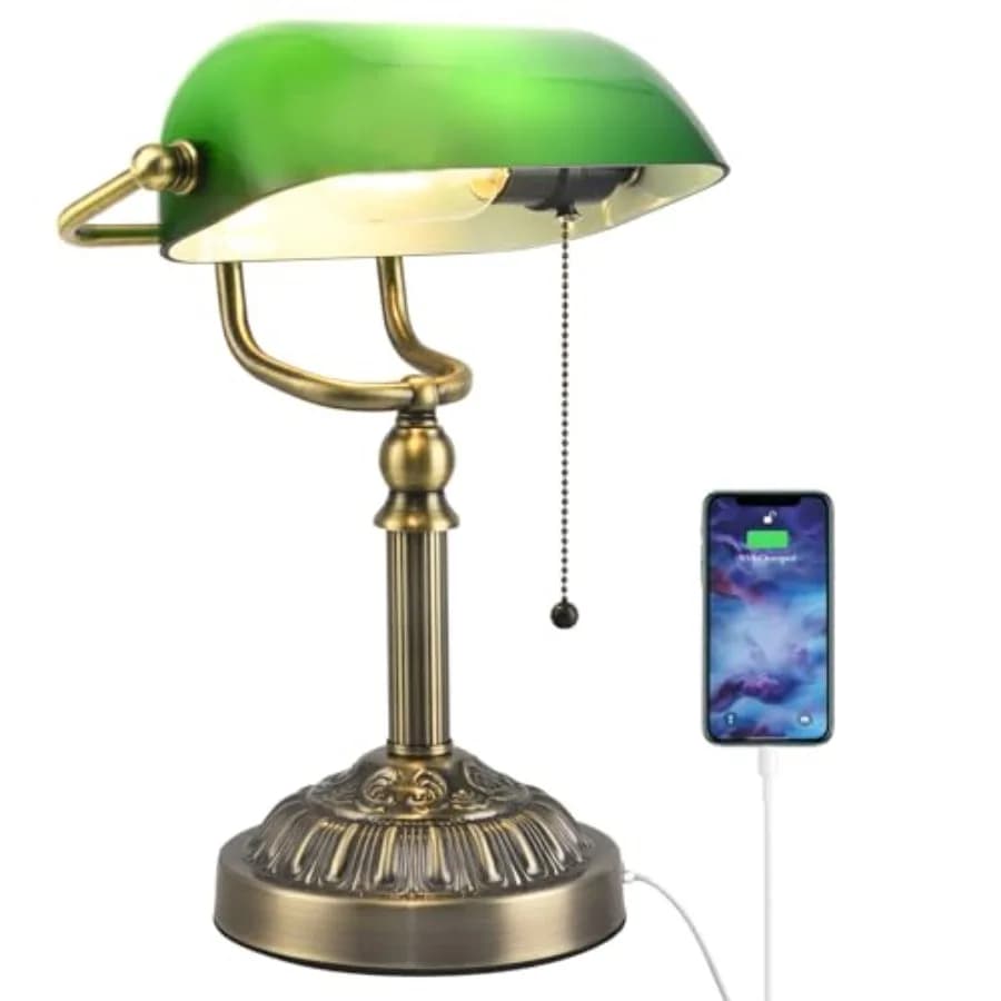 Lampada da Scrivania in Vetro Verde Stile Banquiere Vintage con Porta USB, Lampada Tradizionale da Banquiere, Lampada da Scrivania Mid-Century con Cavo a Scomparsa