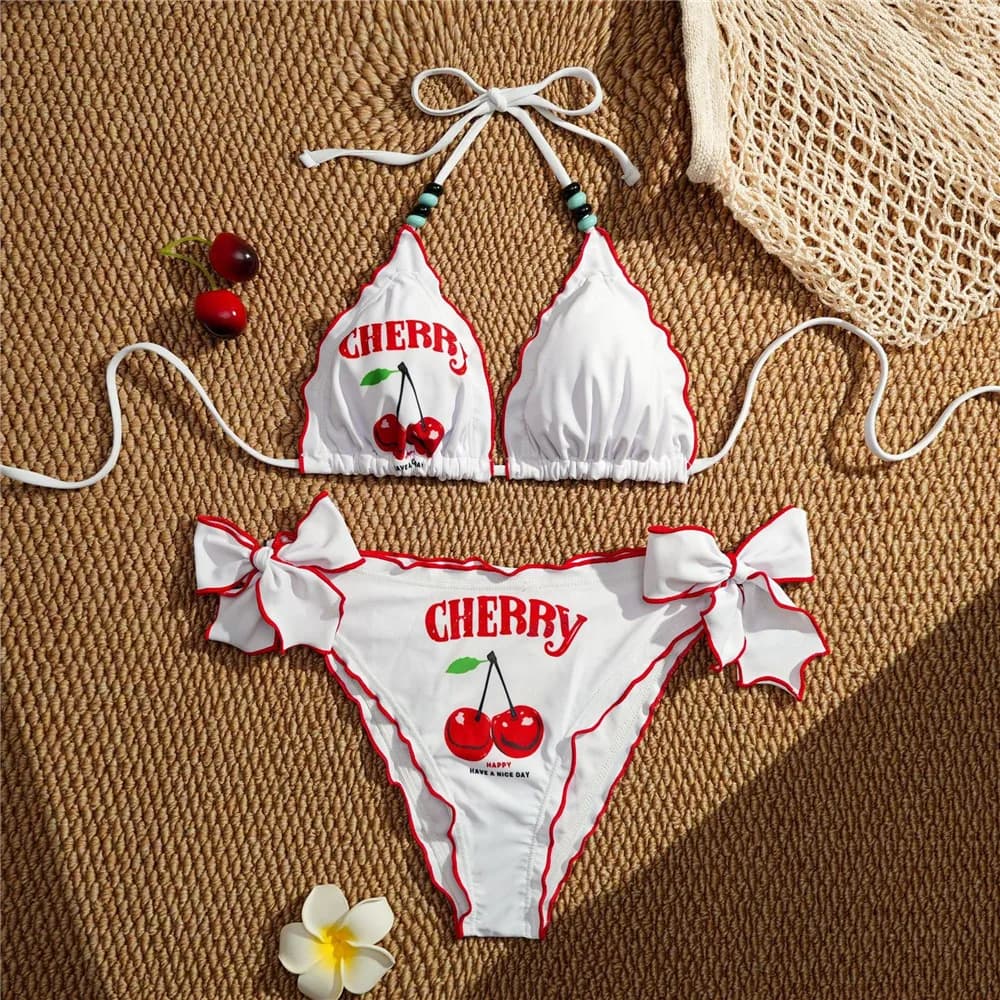 Sexy Cherry Stampa Triangolo String Halter Bikini Set Arco Annodato Perizoma Costume Da Bagno Delle Donne 2026 Perline Lace-up Costumi Da Bagno Bikini Mujer