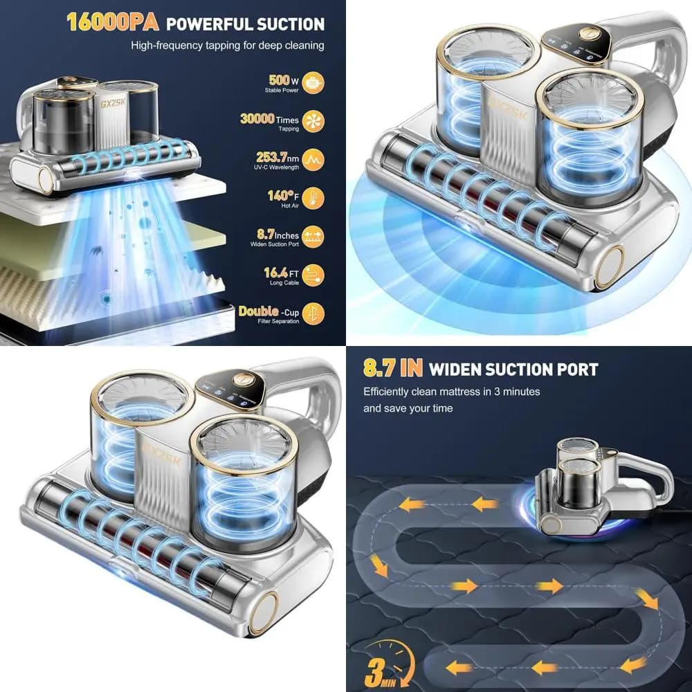 Aspirapolvere con luce UV-C da 16kPa con 140 LED ℉ Riscaldatore con Doppia Tazza e Ampia Aspirazione per Letti, Divani, Culle (500W, con Cavo)