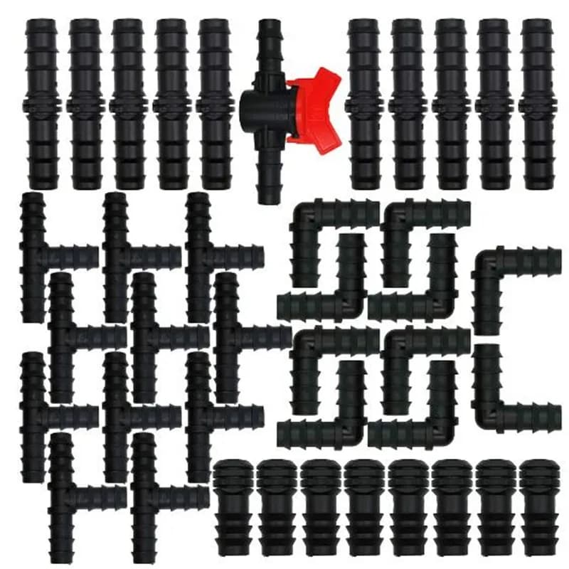 60-piece/set drip irrigation fittings, straight fittings, T, elbow and 1/2-inch (16 mm) hose plugs for connecting garden pipes.