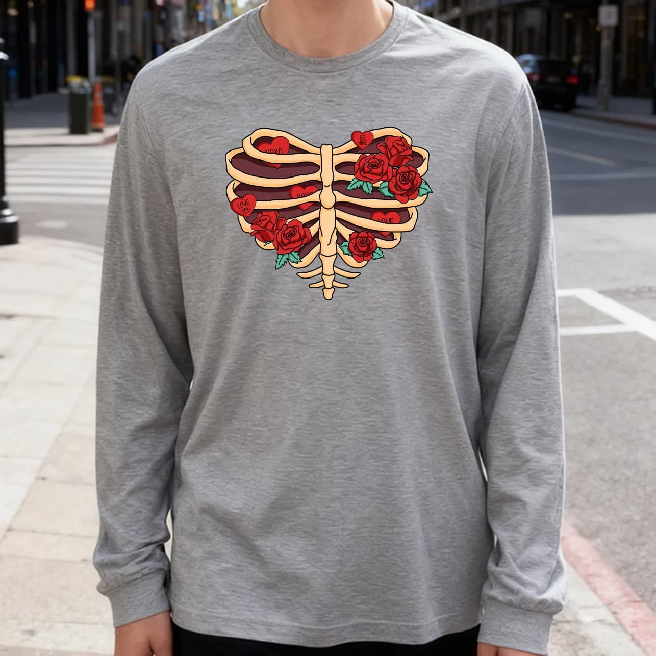 Men's long-sleeved t-shirt with heart ribs 180 g 100% cotton casual printed to wear every day soft and breathable