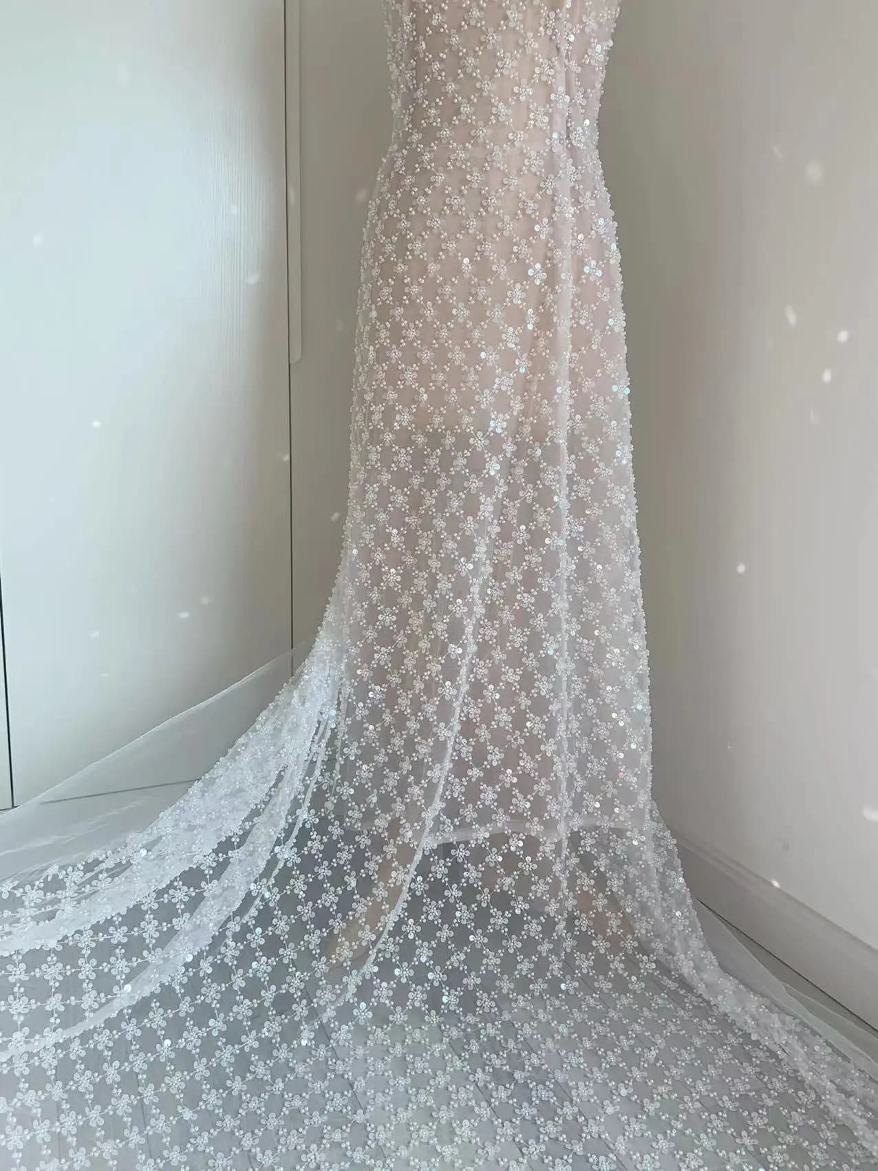 1 meter dirt white seed beads, pearl tulle, floral lace fabric with glittering sequins for wedding dresses, high fashion supplies for parties