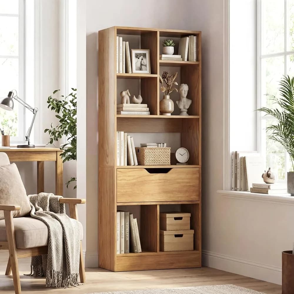 Libreria aperta alta 51 pollici con cassetto, mobiletto espositore a 7 cubi, scaffale in legno autoportante con 2 ripiani