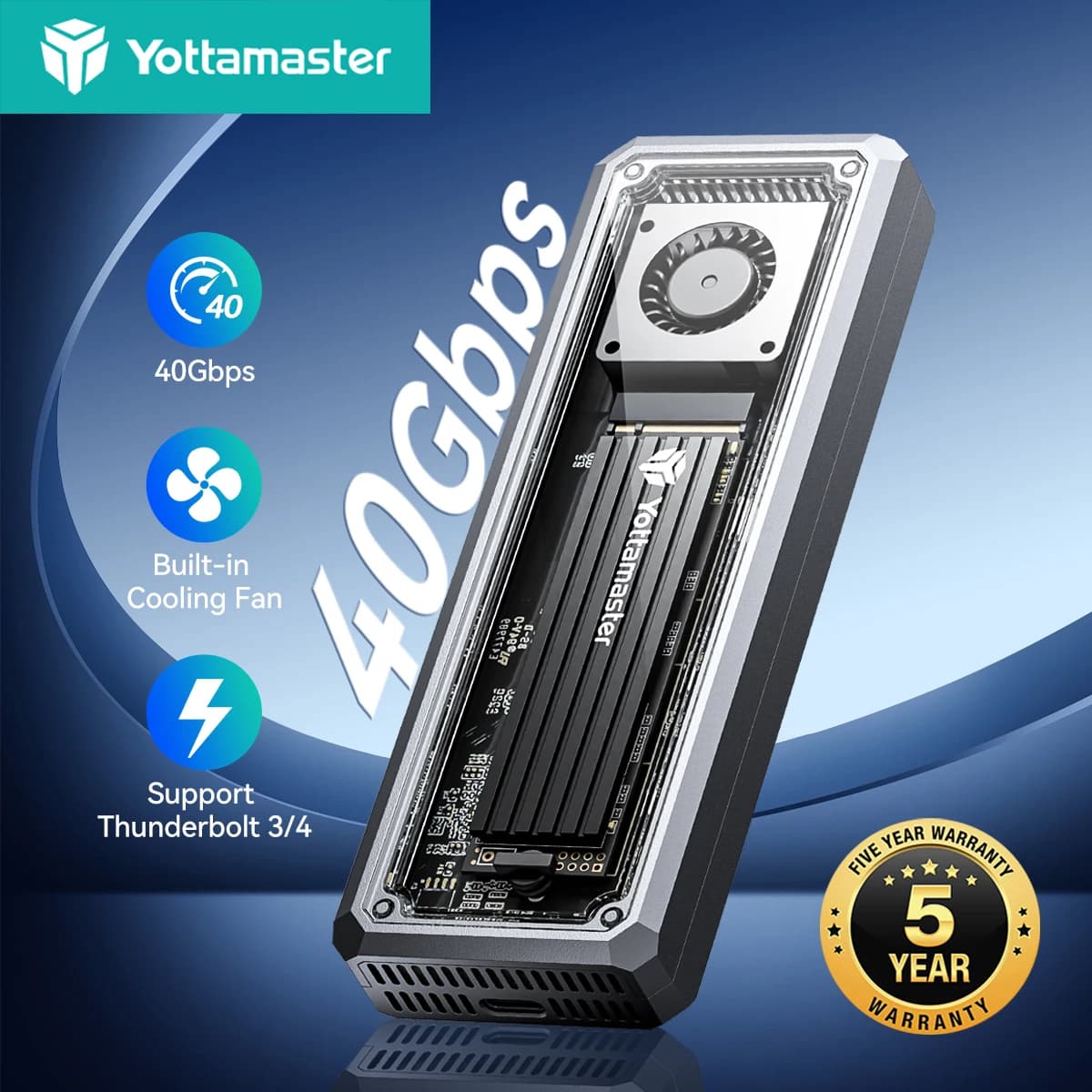 Yottamaster Transparent USB4 M.2 NVMe SSD Case 40Gbps Enclosure External Hard Drive Box Compatible Thunderbolt 3/4 SSD Enclosure