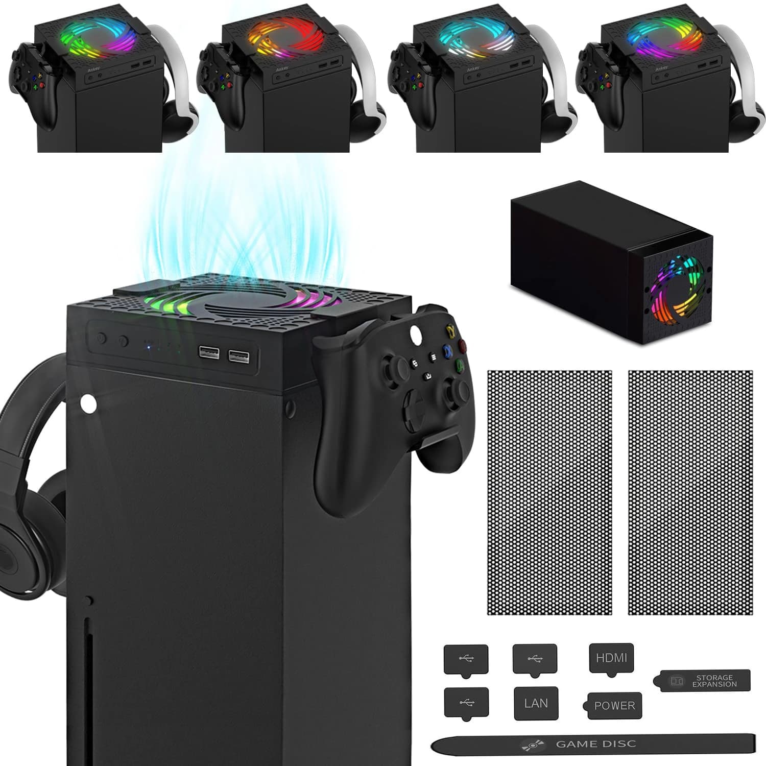 Aolion RGB Ventola di raffreddamento Host Copertura antipolvere Filtro a rete Jack Stopper Kit per Xbox Series X Console di gioco Maniglia Rack Accessori
