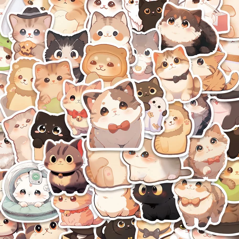 50 stickers cat with big eyes, cute cartoon kittens, for laptop, phone cases, diaries, envelopes, labels, magazines, PVC stickers, gift for parties