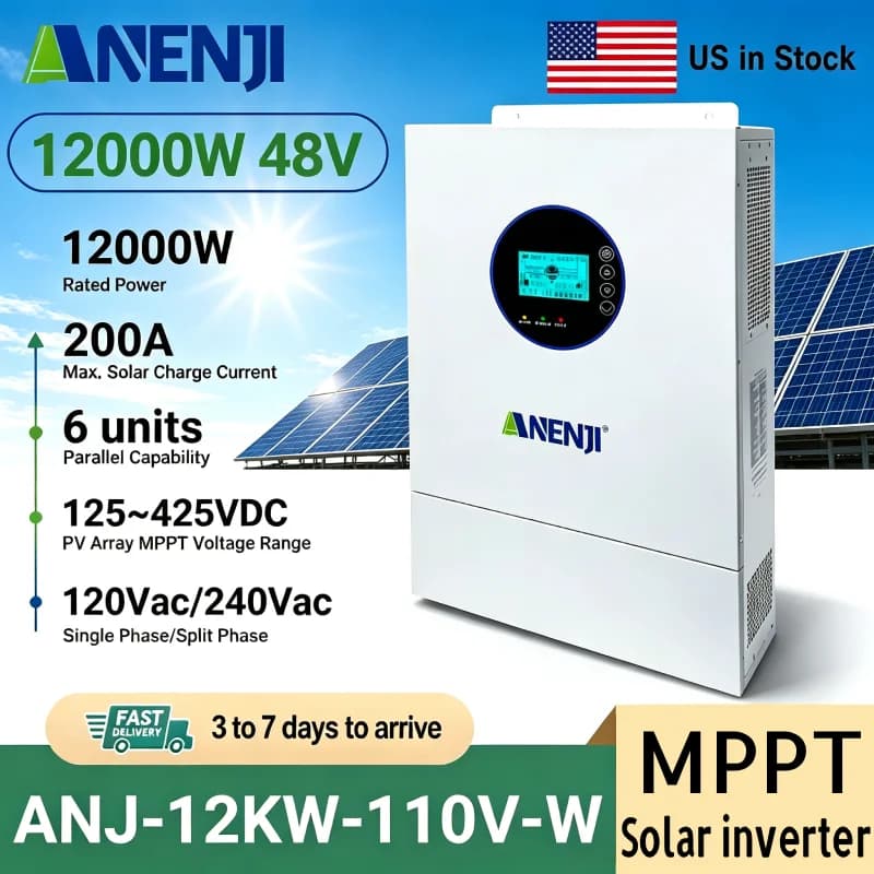 ANENJI 12KW 120V/240VAC Solar Inverter Hybrid 110V Split Phase Parallel 6 Inverter Built-in 2 MPPT Solar Charging Control Solar Systems