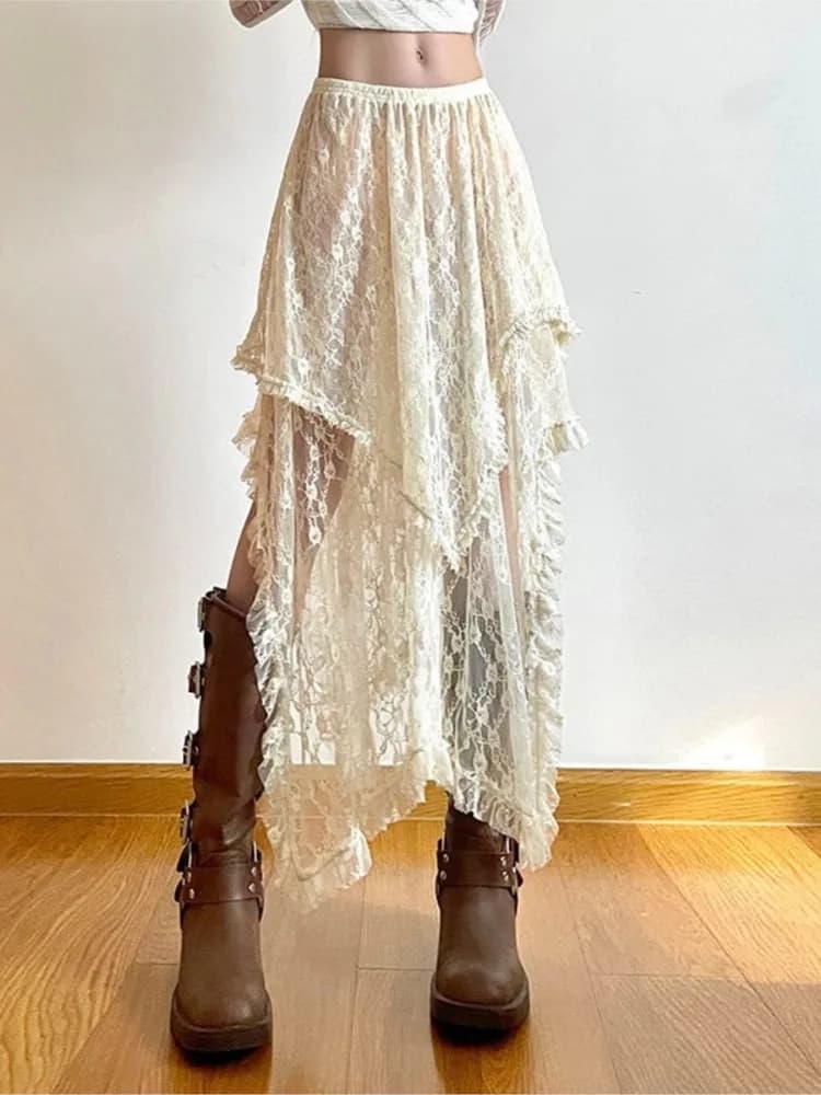 Nuove gonne asimmetriche in pizzo trasparente Donna Vintage Y2K Boho Moda Gonne longuette a vita alta Gonna estiva da donna per le vacanze