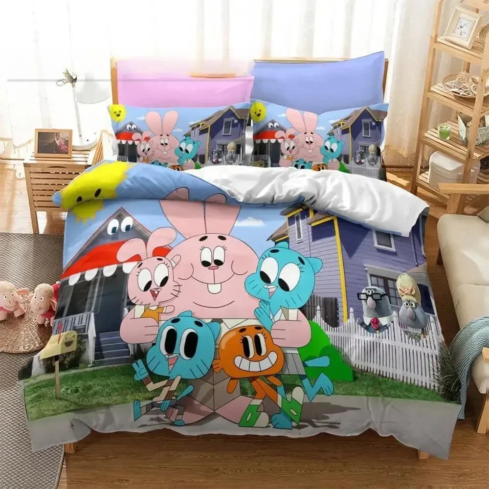 Set Letto Stampato Anime Amazing World Gumball 3D Darwin Anais, Copripiumino, Federe, Set Biancheria da Letto, Lenzuola, Copriletto, Misura Completa