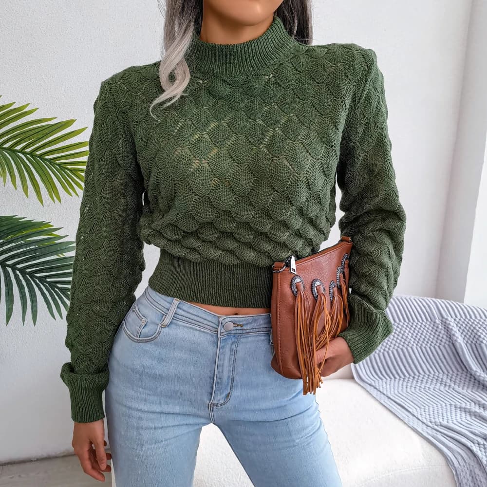 Maglioni e Pullover da Donna Autunno Inverno 2026, Casual con Maniche Lunghe Traforate, Top Corti in Tinta Unita, Grigio Kaki Verde