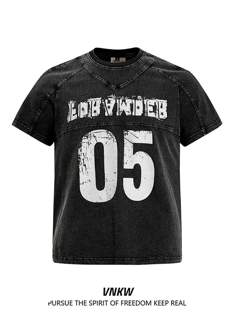 Retro American Washed Short Sleeve T-Shirt Unisex Loose Printed Deconstructed Patchwork Top Youth Fashion Cotton Spring Summer