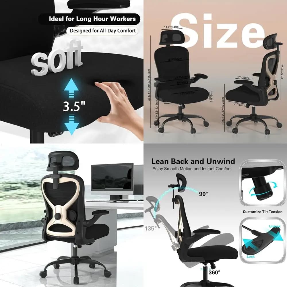 Sedia Ergonomica con Schienale Alto in Rete, Supporto Lombare, Cuscino e Braccioli Regolabili per Ufficio o Casa in Nero/Oro