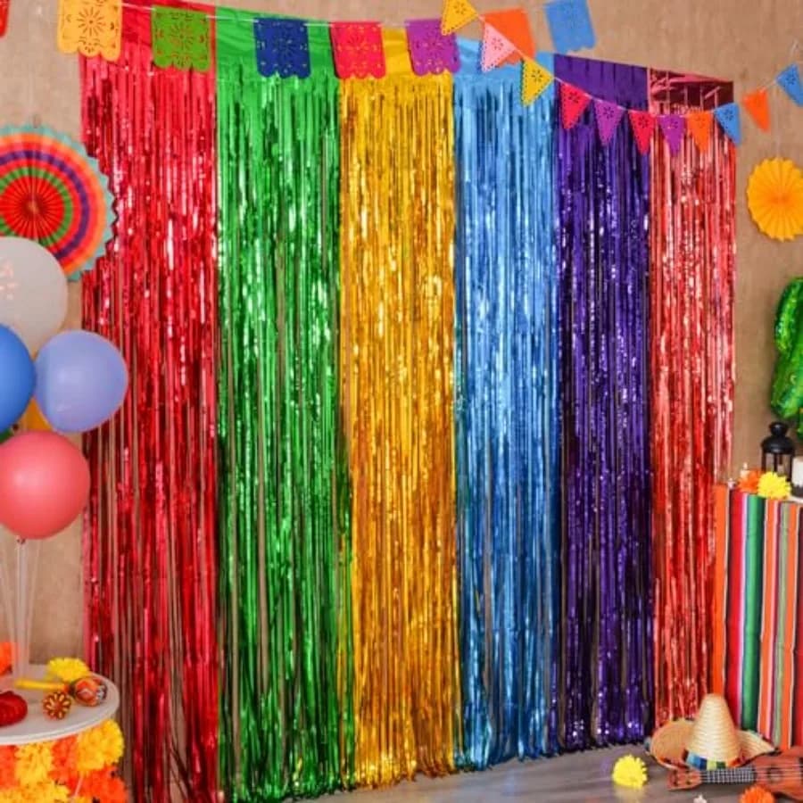 Mega-L Fiesta Party Decorations, 2 Pack Taco Party Decorations Foil Fringe Curtains Backdrop, 3.3x6.6ft Cinco de Mayo Tinsel St