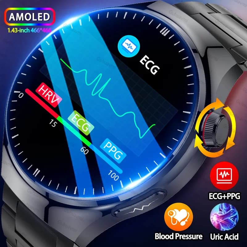 AMOLED HD BT Chiamata da 1,43 pollici SmartWatch ECG BP Ossigeno nel sangue Frequenza cardiaca Acido urico Temperatura del grasso nel sangue AI Diagnosi della salute Orologio intelligente