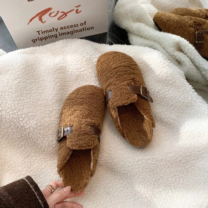 Pantofole calde, pantofole vintage da donna in lana di agnello con suola spessa e punta chiusa, in pelliccia sintetica