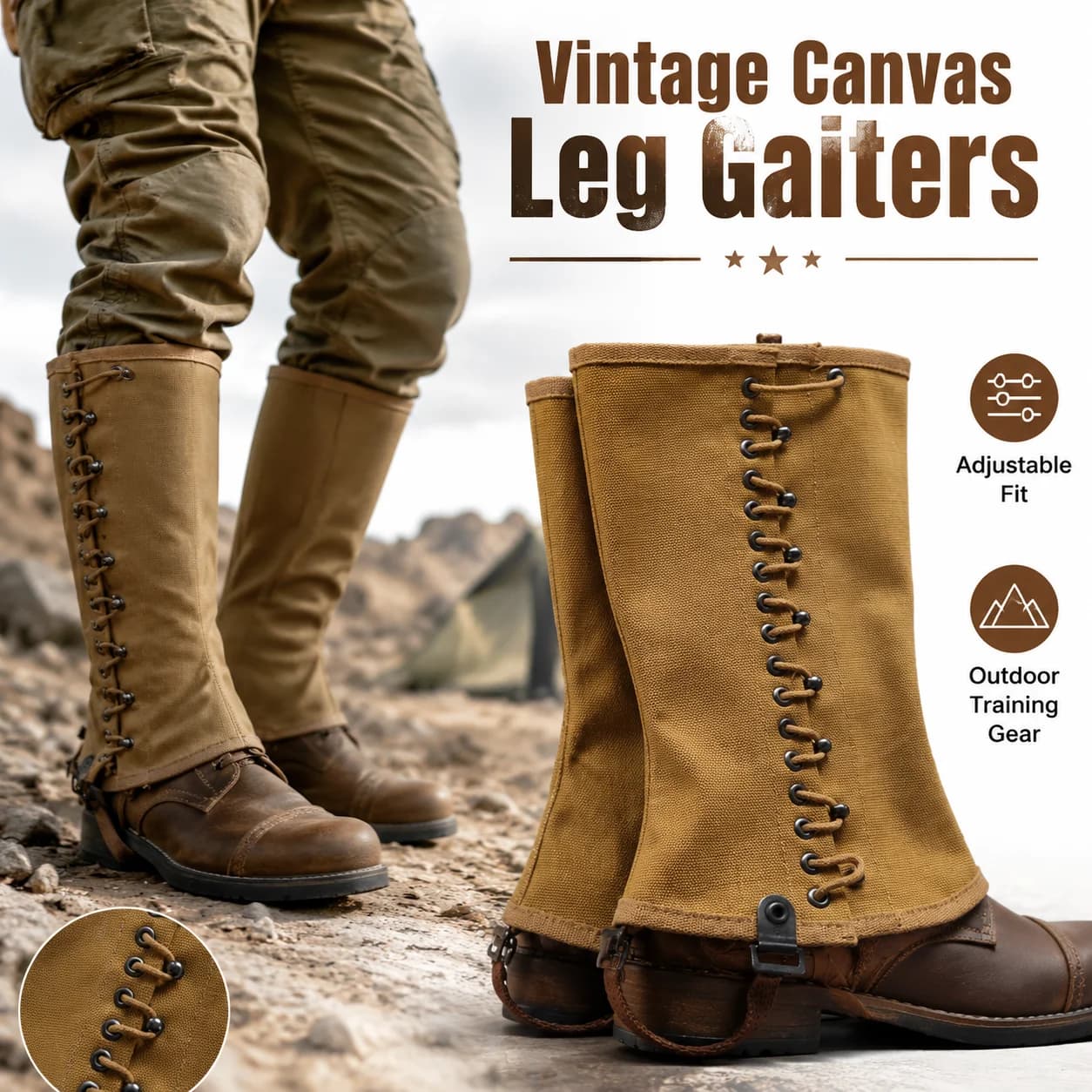 Vintage M1938 Canvas Leg Gaiters Replica Outdoor Training Protective Leg Guards Adjustable Military Style Boot Covers for Hiking