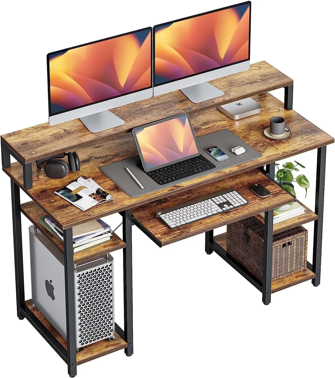 Scrivania per computer marrone rustico da 47 pollici con vassoio per tastiera, supporto per monitor e ripiani per workstation per ufficio domestico