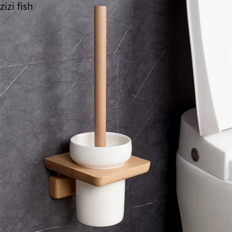 Scopino per WC in legno da bagno Portaspazzole per WC con base in ceramica Spazzole a parete Set di spazzole per pulizia a parete senza perforazione