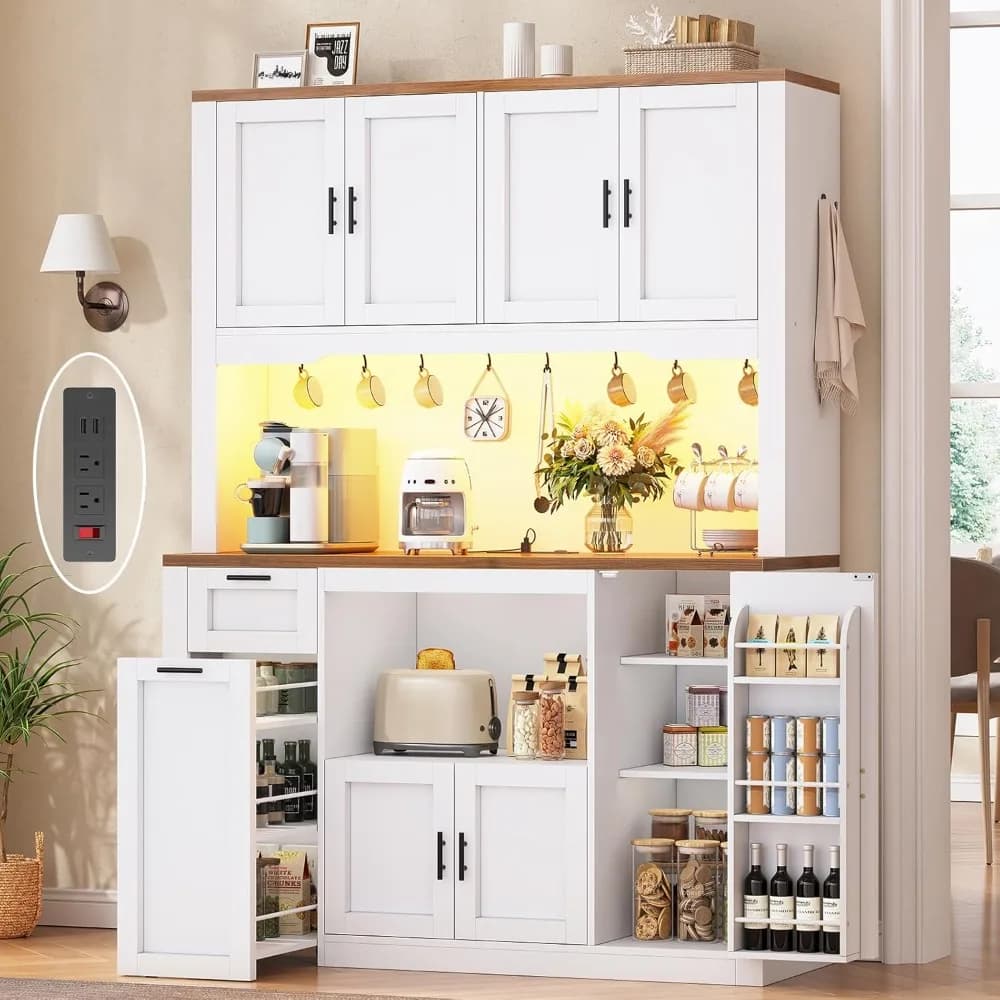 Mobile Dispensa da 71 Pollici con Stazione di Ricarica e Luce LED, Mobile da Cucina con Supporto per Microonde, 47,2 Pollici di Larghezza, Personalizzabile