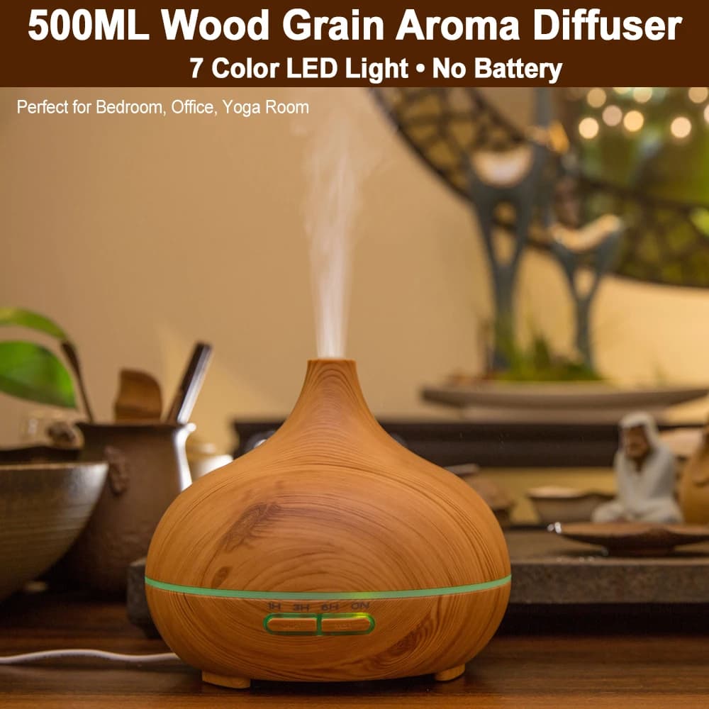 Umidificatore Aromaterapico 500ML Effetto Legno con LED a 7 Colori, Nebbia Intensa, Silenzioso per Camera da Letto, Ufficio, Hotel, Diffusore di Oli Essenziali