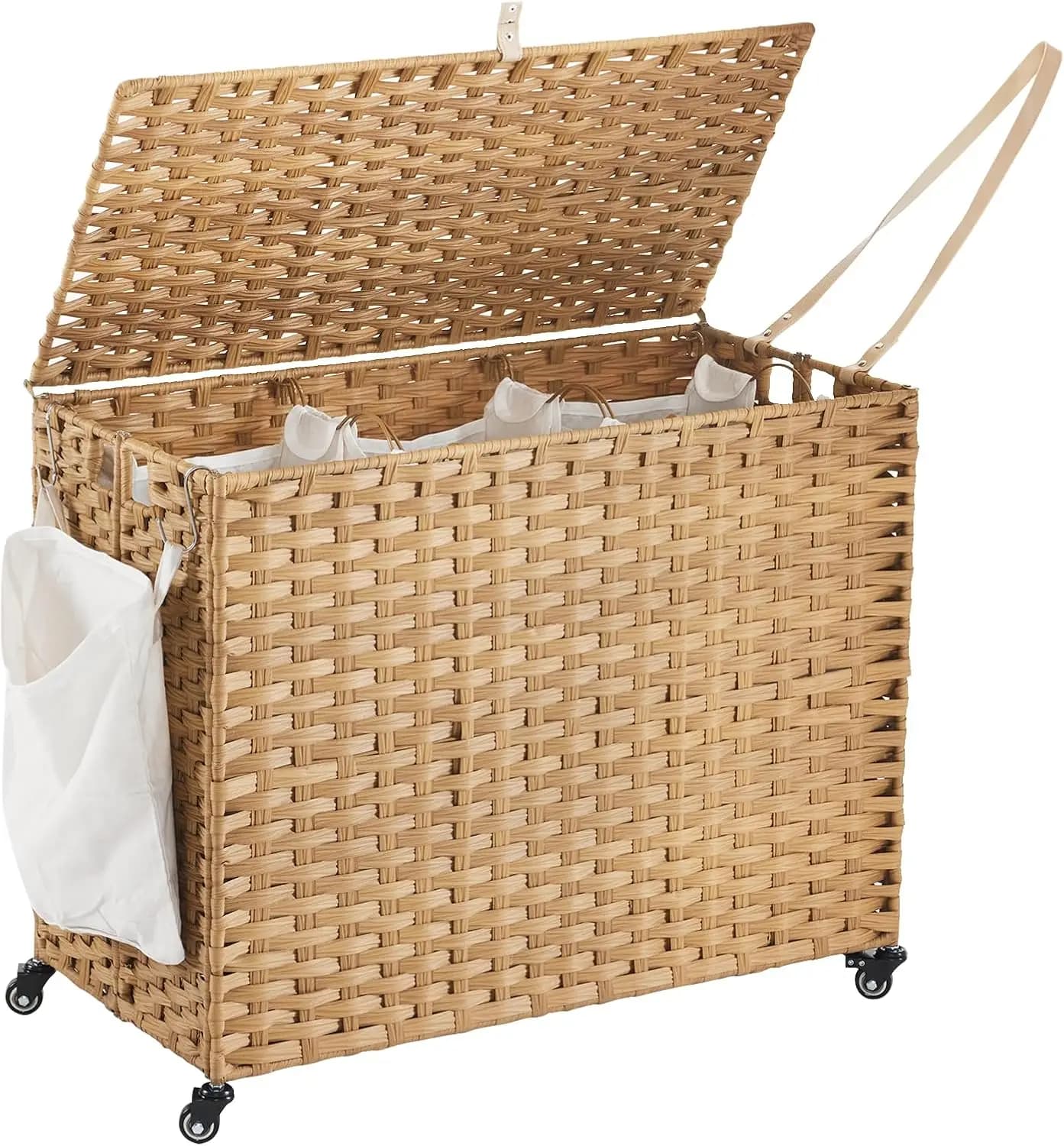 Natural Rattan Rolling Laundry Hamper with Lid, 52.8 Gallon (200L) 3‑Section Laundry Sorter on Wheels, with 3 Removable Liners, 3 Mesh Bags & Side Pocket for Dirty Clothes Organization