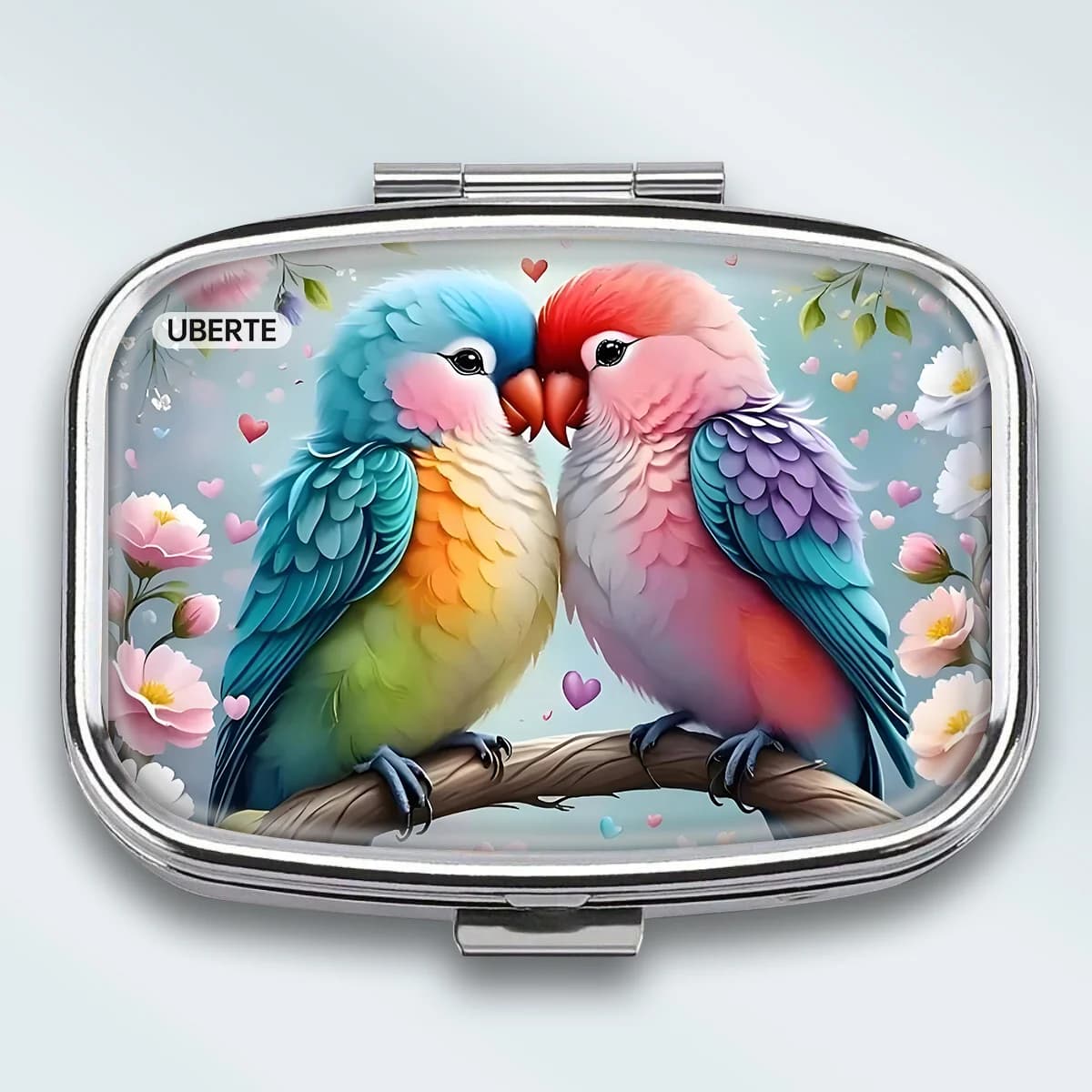 A lovebird-shaped metal pill box with a double-compartment design, portable design, can be placed in a pocket or purse, suitable for storing medication, vitamins, jewelry, earrings, etc., ideal for pockets or purses, a unique travel essential gift