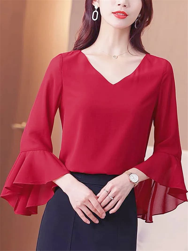 Top in Chiffon Tinta Unita Primavera 2026, Camicetta Vintage da Donna, Top Estivo Casual con Scollo a V, Camicie con Maniche a Campana, Blusas Mujer de Moda 2025