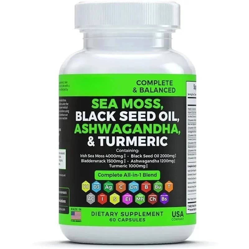 Mixed algae supplement with black seeds oil, bladder, South African drunk aubergines, curcuma, burdock, vitamin C and D3