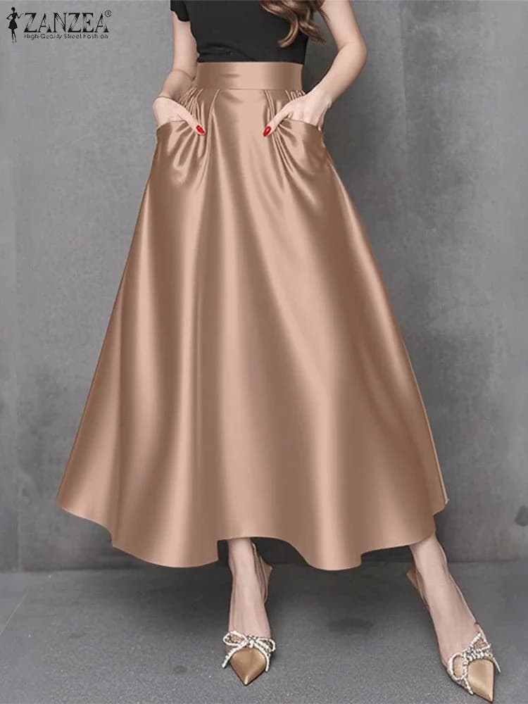 Moda Donna Vita alta Gonna da festa 2025 ZANZEA Estate Raso Jupe Elegante A-line OL Lavoro Faldas Saia Elegante Maxi Gonne lunghe