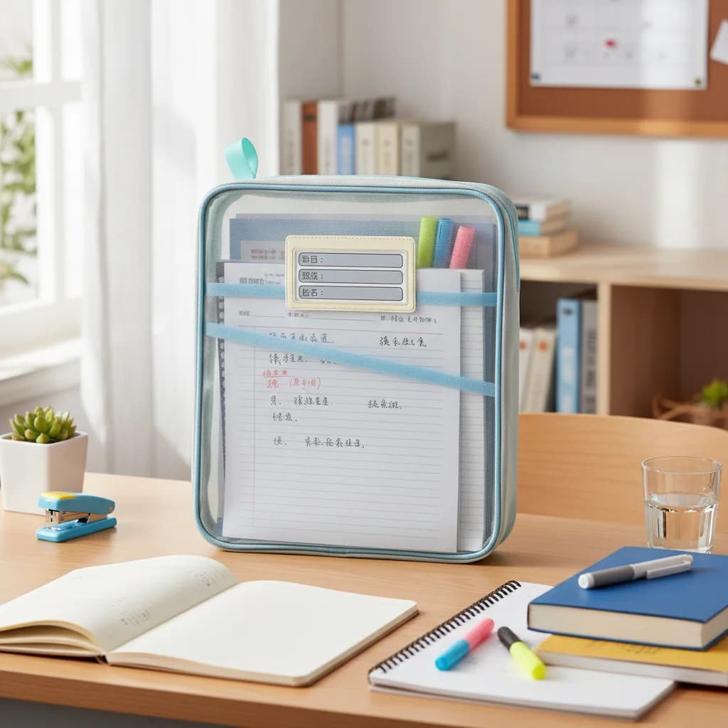 Organizzatore di documenti trasparente A4 a forma di L, borsa porta documenti a doppio strato in rete di nylon