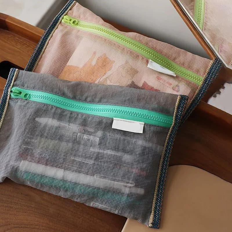 Borsa portaoggetti in nylon a rete traslucida, borsa per documenti, biglietti da viaggio, cavo dati, organizer per penne, portatile, leggera, pieghevole