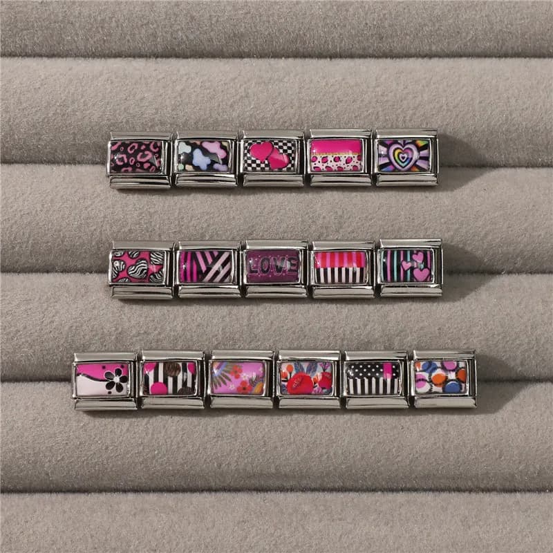 Wholesale Fashion Personalized DIY Pink Color Italian Charm Bracelet Heart Flowers Bead 9mm Bracelet Stainless Steel Jewelry