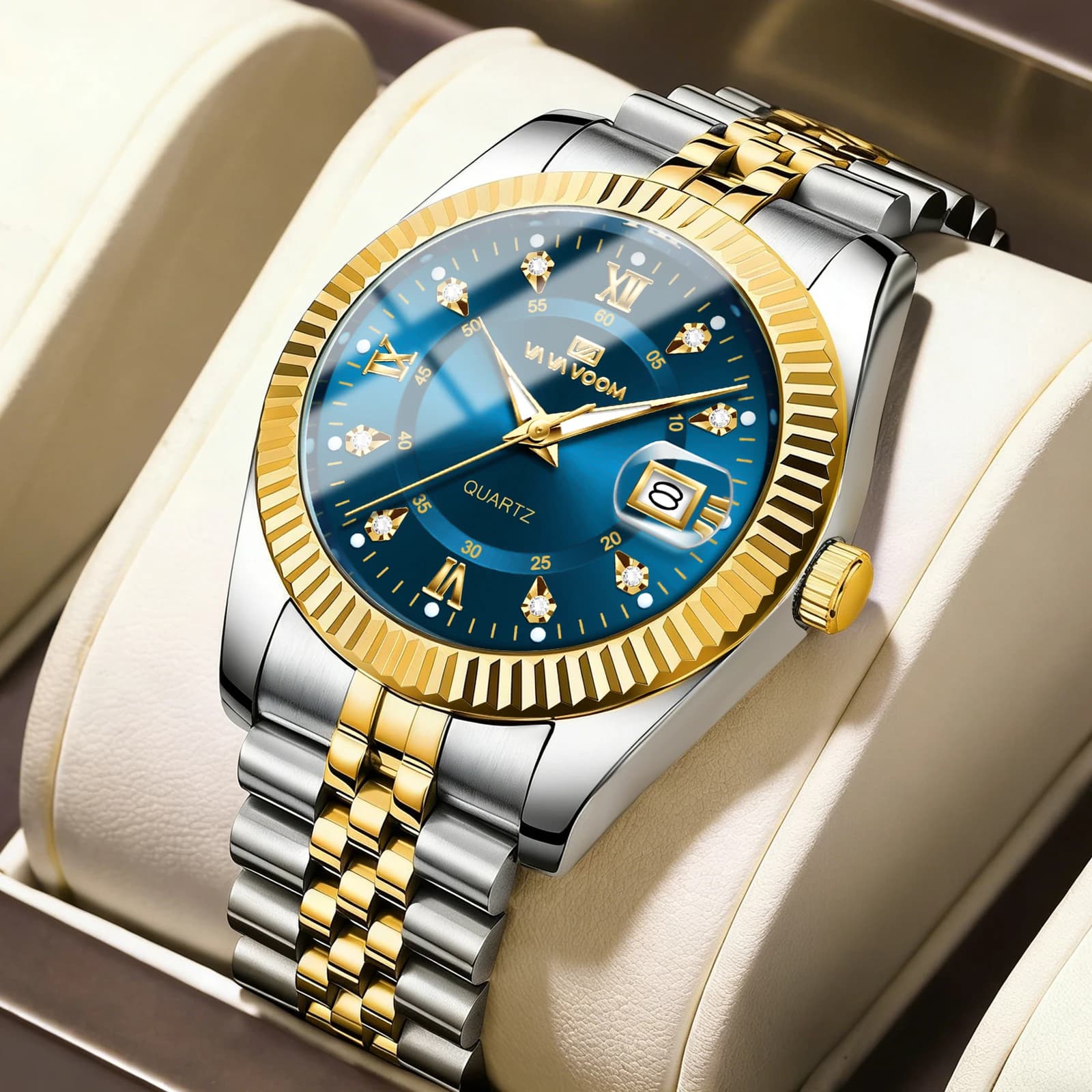 Men's Luxury Watch Brand VA VOOM, Quartz Movement, Golden Ghiera, 40mm Case, Blue Dial, Watch with Diamonds, Stainless Steel Bicolor