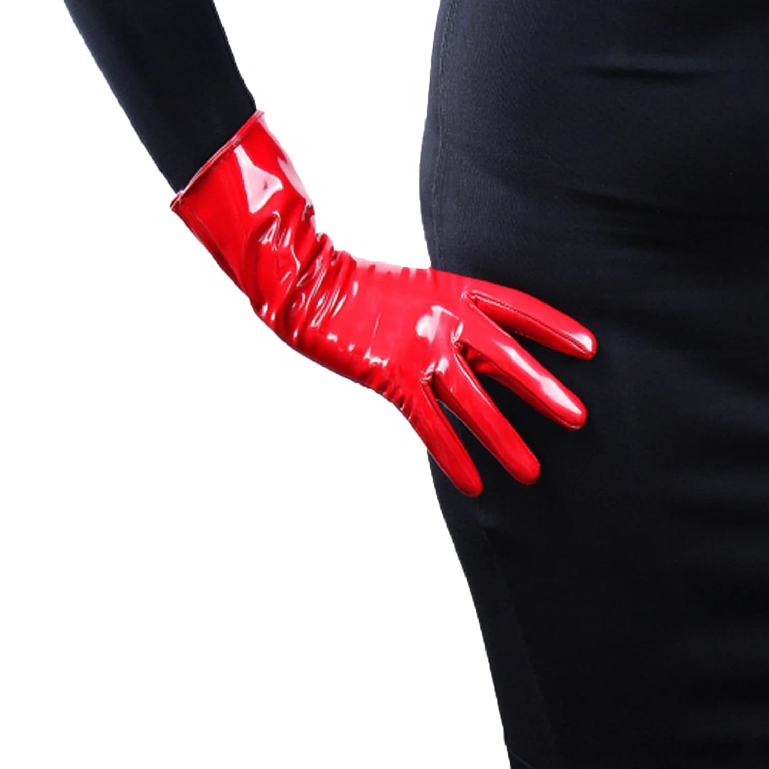 DooWay guanti in lattice rosso da donna Sexy Shine Wet Look Wrist Faux Patent Leather Fashion Evening Wedding Party Role Play Glove