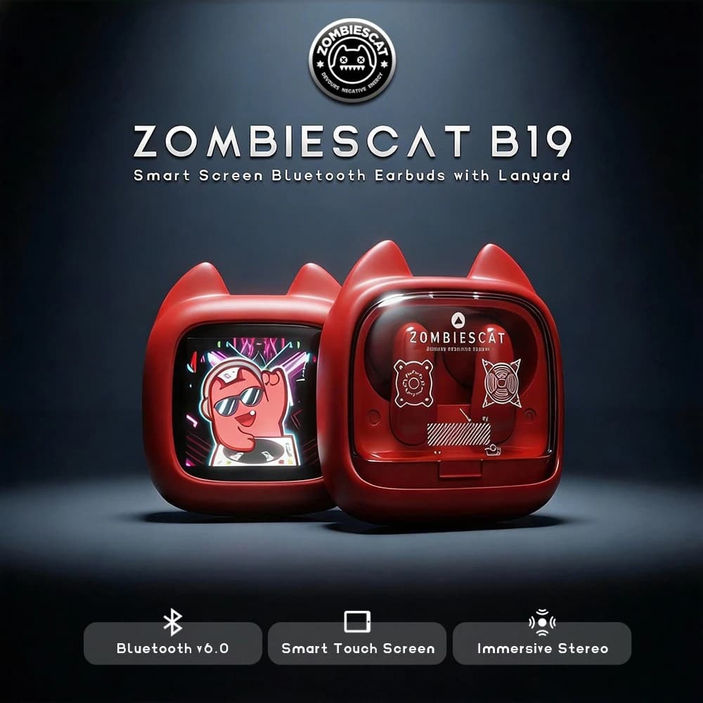 Zombies Cat B19 Auricolari Bluetooth TWS con Schermo Touch Intelligente, Suono Stereo HiFi, Bluetooth 6.0, Riduzione Rumore Chiamate ENC, Con Laccio in Silicone