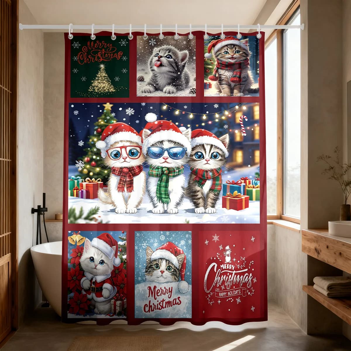1pc Natale simpatico gattino stampato divisorio per doccia impermeabile tenda per la privacy 12 ganci decorazione multi formato lavabile in lavatrice