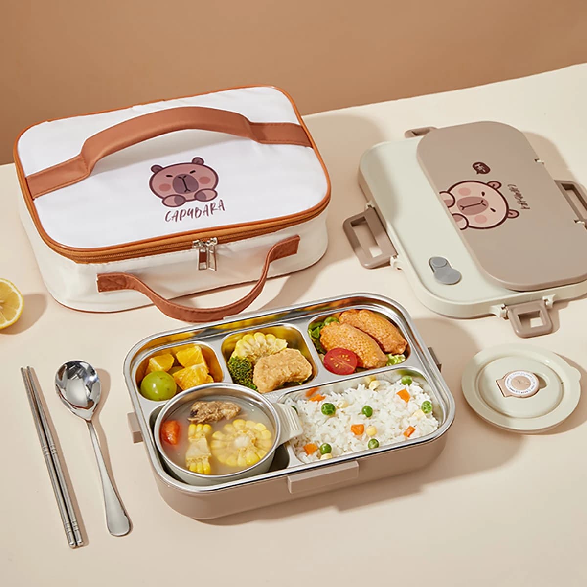WORTHBUY Set di scatole per il pranzo divise in acciaio inossidabile Capybara 304 per contenitori per alimenti sigillati portatili per microonde per studenti con posate