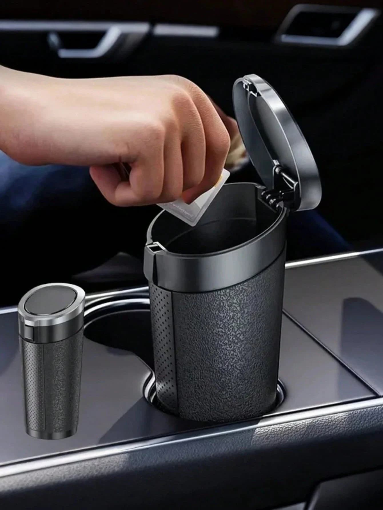 Pattumiera per auto portatile – Design a doppio coperchio, modalità di apertura con pressione e pulsante, rivestimento interno rimovibile a prova di perdite, per rifiuti bagnati e asciutti