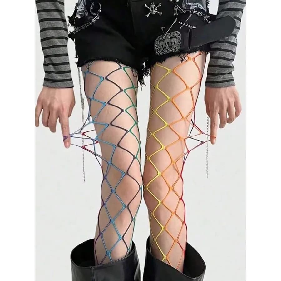 1 Pair New Rainbow Fishnet Socks And Pantyhose, Large Mesh Fishnet Socks, Personalized Silk Socks, Hollow-Out Socks, Colorful Mesh Socks, Y2K Style Socks, Sexy Punk Pantyhose, Suitable For Daily Wear
