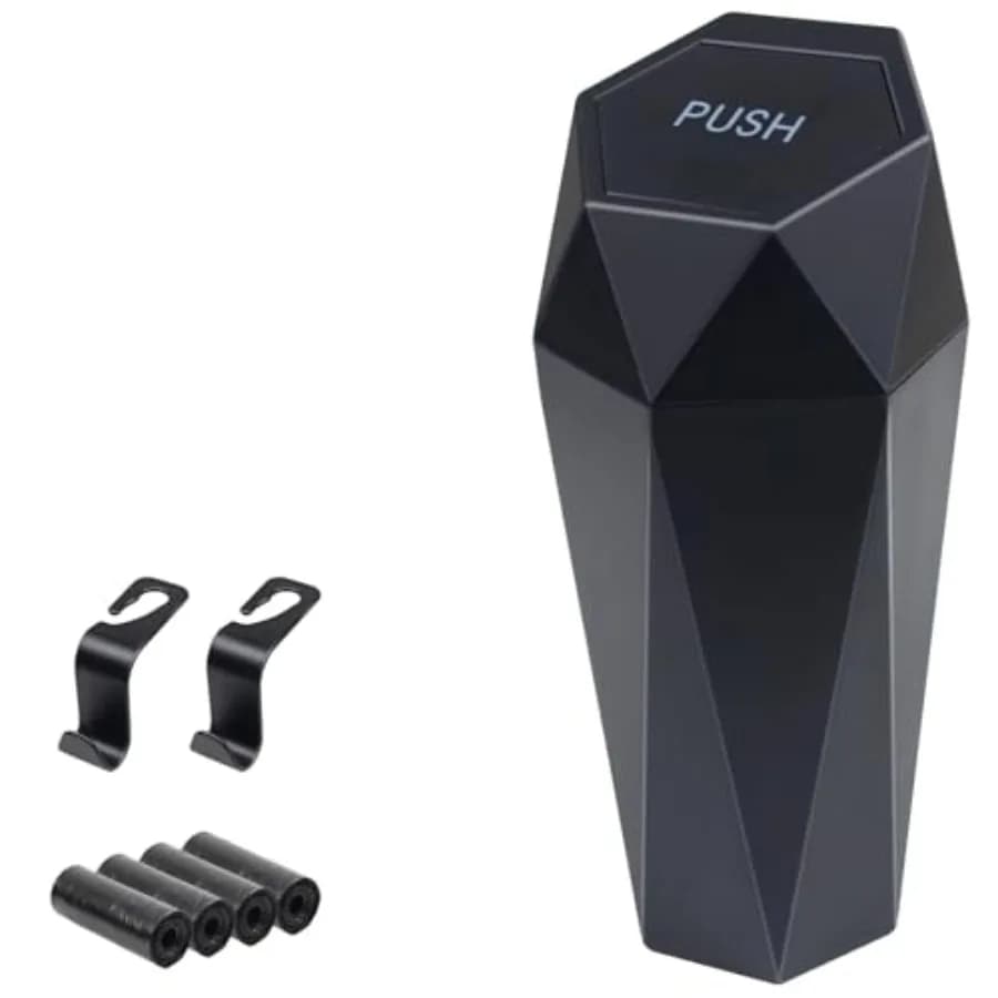 Car Trash Can, Car Trash Bin with Lid, Car Accessories for Women Interior, Car Garbage Can with Additional 2 ABS Hooks and 60pc
