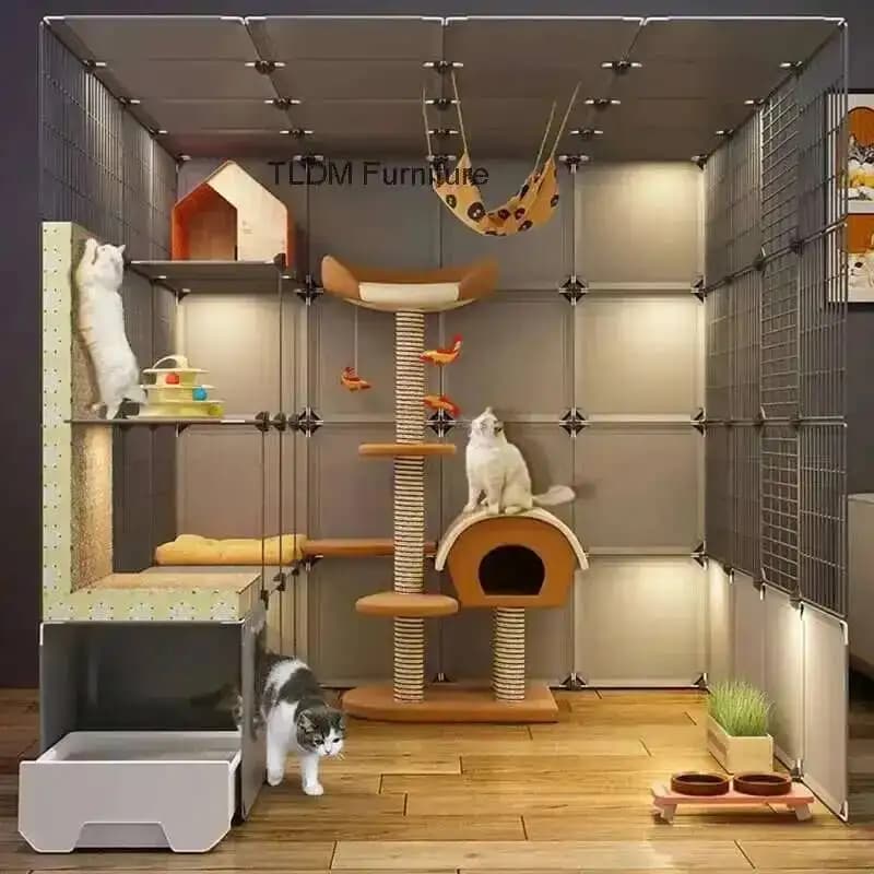 Gabbie per gatti con spazio libero per la casa Gabbia per animali domestici Villa per gatti super interna con lettiera Armadietto per gatti multistrato nordico grande integrato