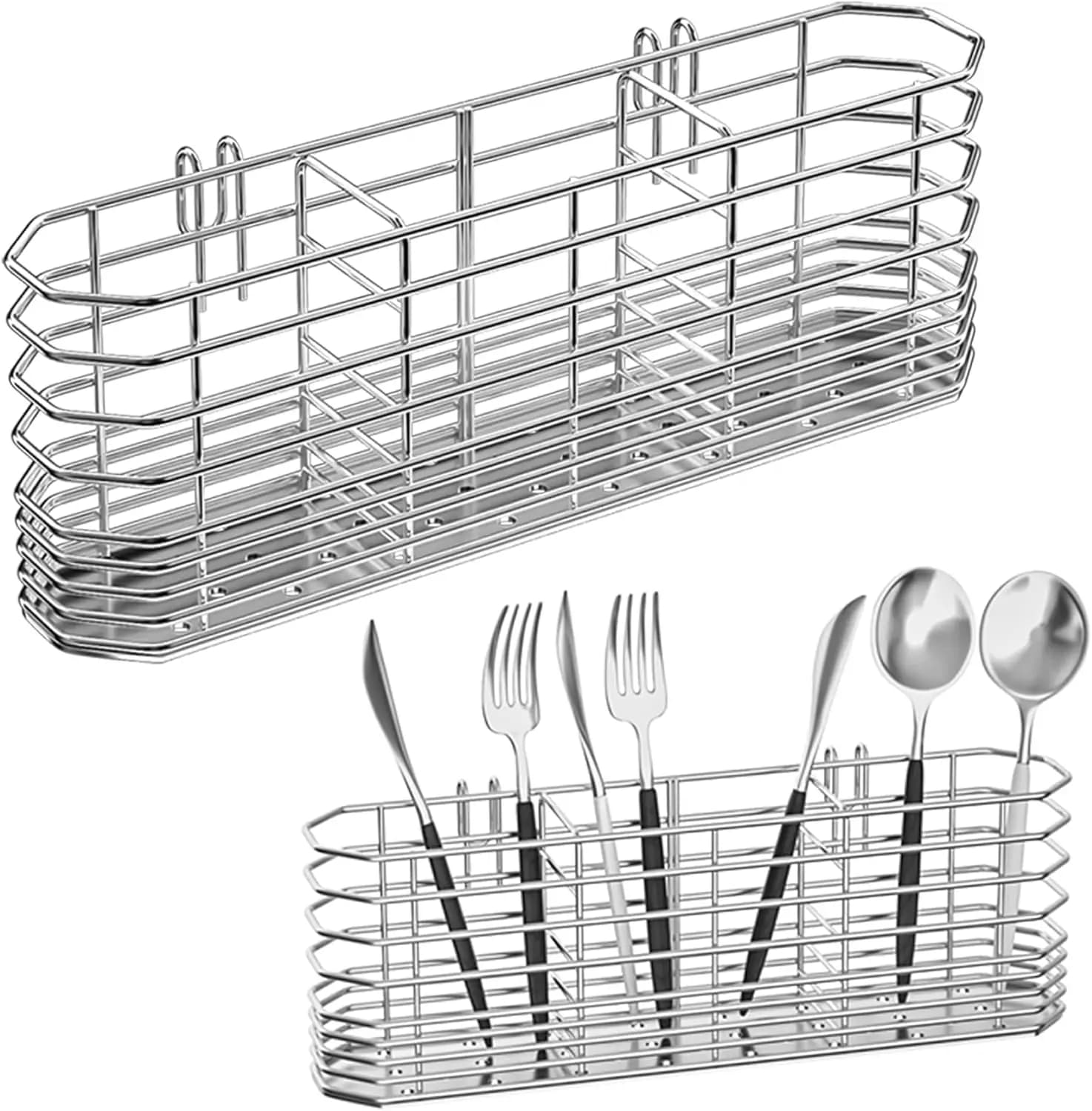 Portautensili in Acciaio Inox 304 con Ganci, Scolapiatti da Cucina per Coltelli Forchette Cucchiai, Antiruggine Argento