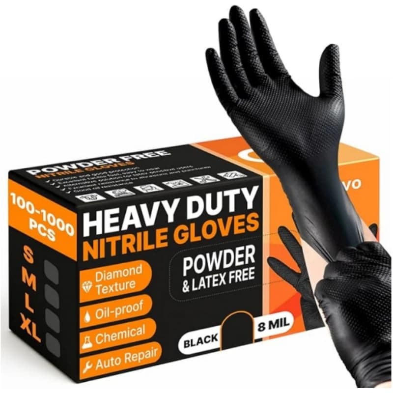 8Mil Heavy Duty Black Nitrile Gloves Disposable Safety Work Gloves with Diamond Textured Industrial Mechanic Gardening Gloves