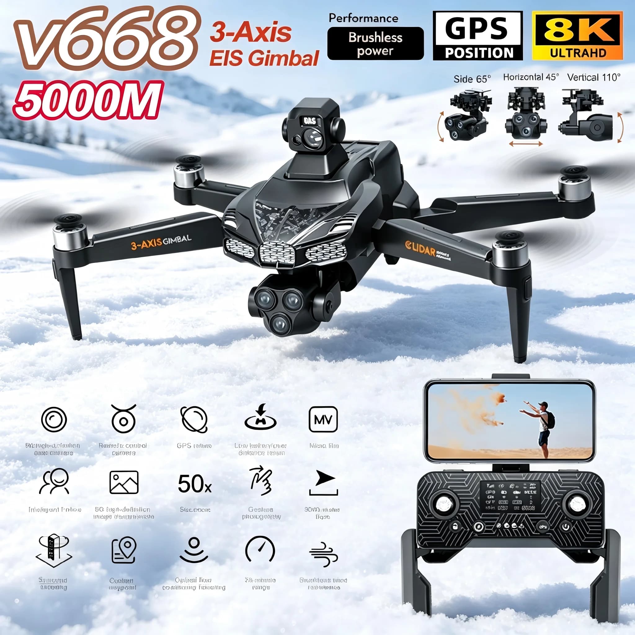 V668 GPS Drone 8K Professional HD Three Camera 3-Axis Gimbal Brushless Motor 5G FPV Dron Obstacle Avoidance RC Quadcopter Toys