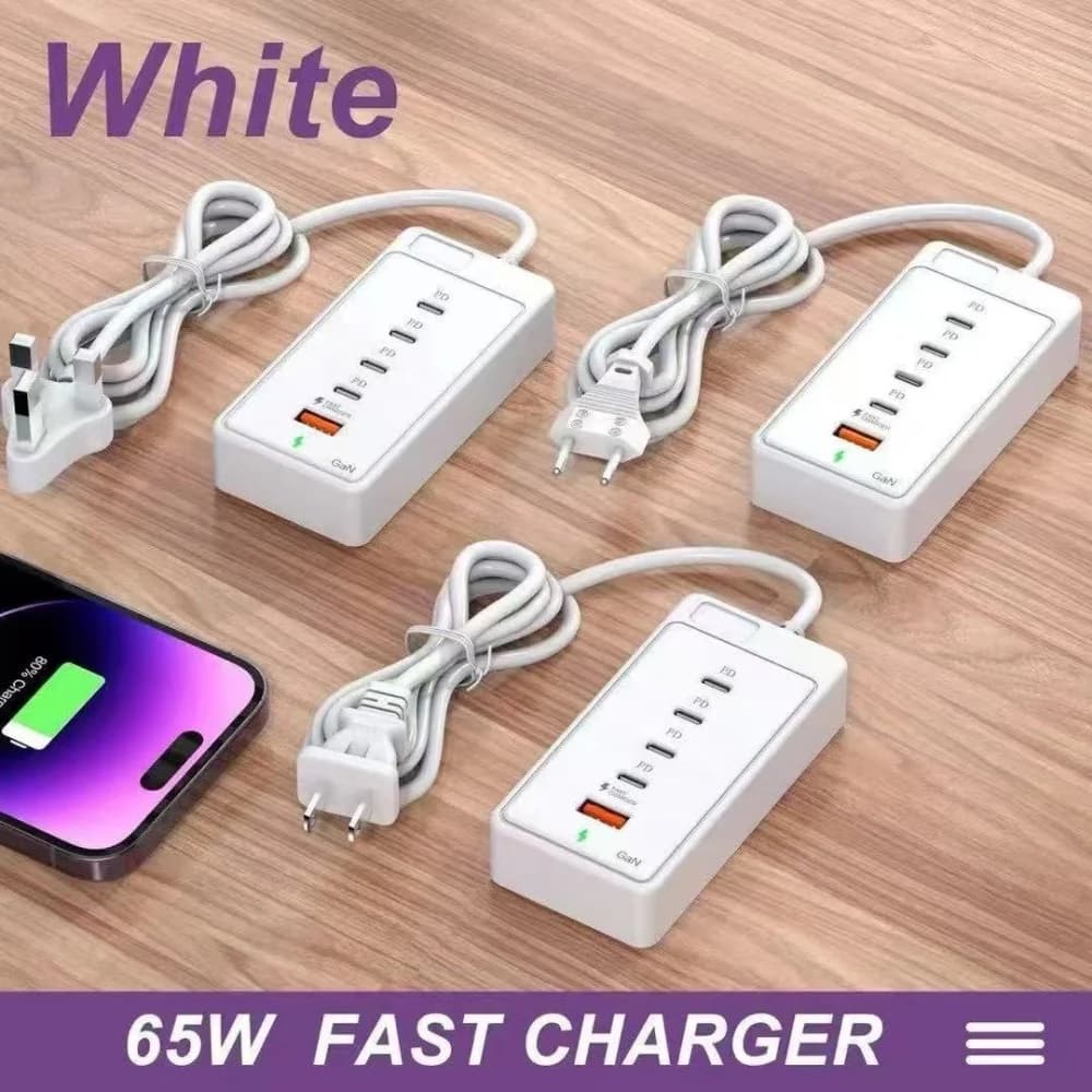 Stazione di ricarica rapida da 65 W Presa per caricabatterie USB a 5 porte Adattatore di ricarica rapida per iPhone Xiaomi Samsung Presa per caricabatterie da viaggio EU/US/UK