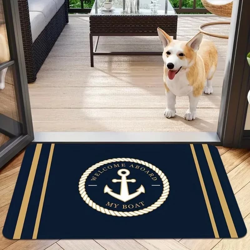 Nautical Anchor Welcome Mat Plush Non-Slip Door Mat "Welcome To My Boat" Navy Blue/Gold Decor for Indoor Living Room Doormat