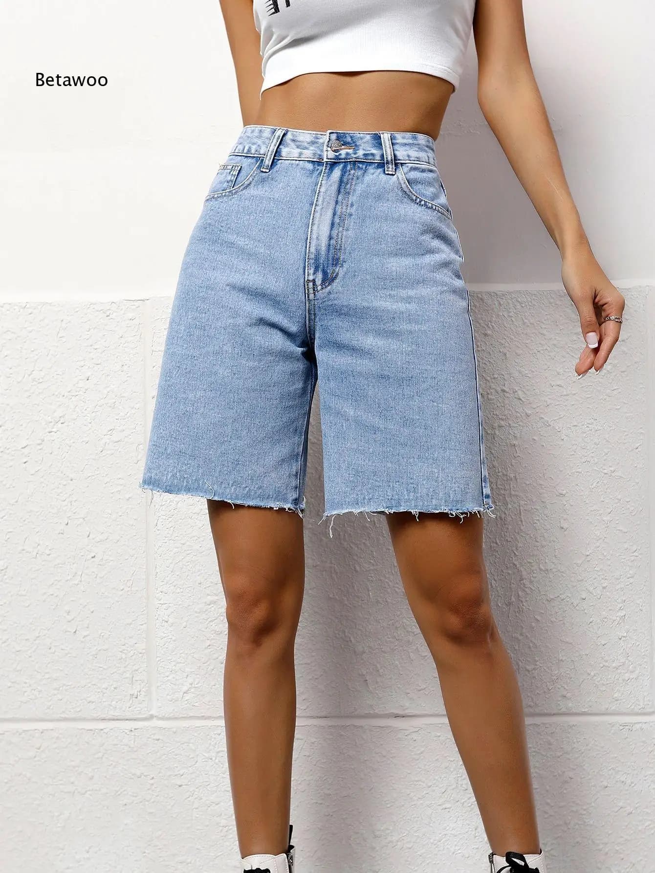 Women's High Waist Denim Bermuda Shorts with Raw Hem, Loose Fit Jean Short Pants for Summer Casual Streetwear Fashion