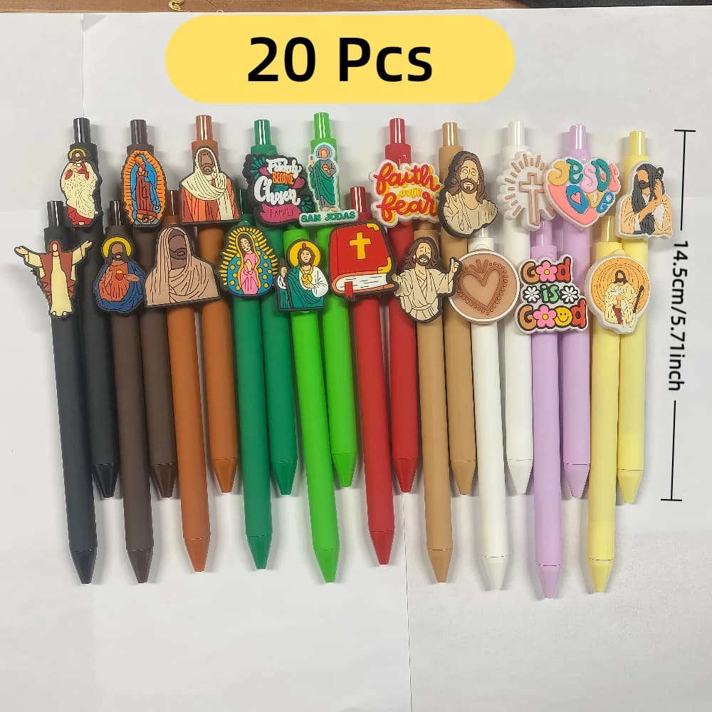 Penne cristiane da 20 pezzi Penne per scrittura retrattili per cartoni animati Regali con inchiostro nero sfuso per ufficio Aula Ritorno a scuola Bomboniere