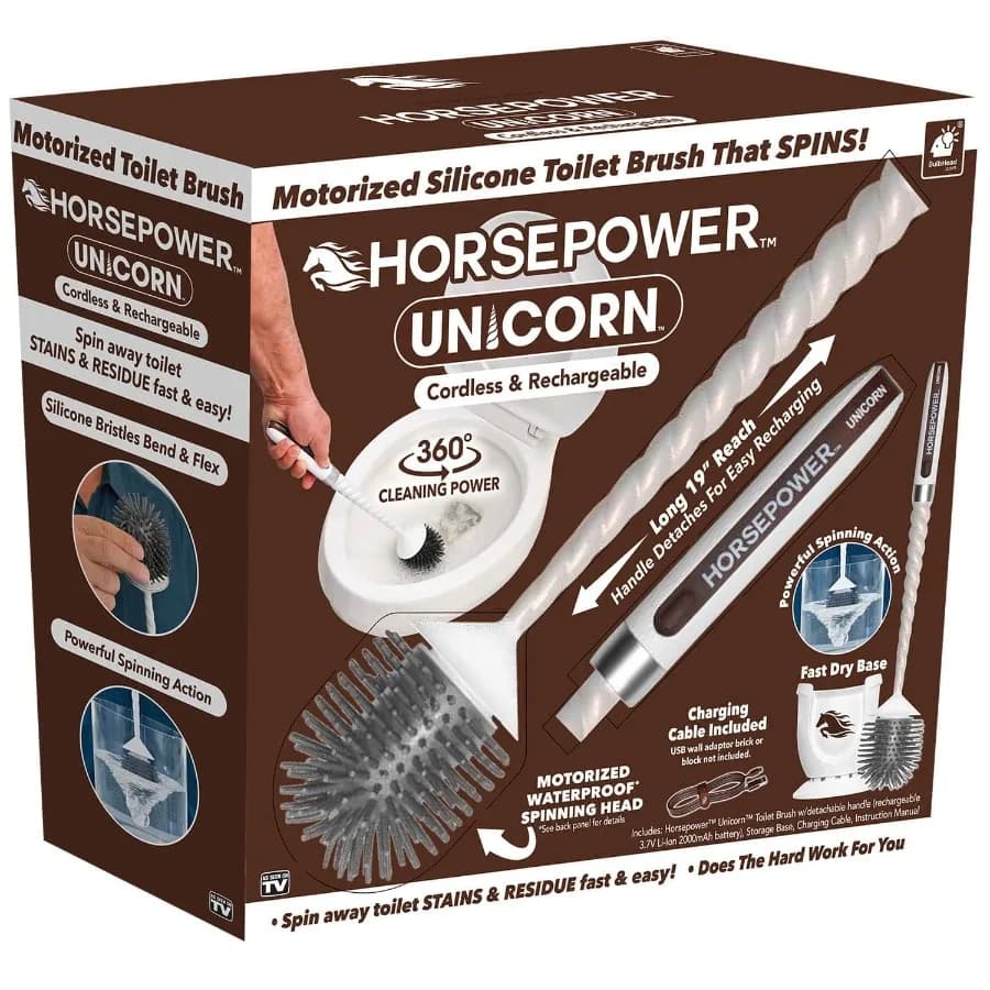 Unicorn Motorized Toilet Brush Powerful Spinning Action 360 Degree Cleaning Power Flexible Silicone Bristles Eliminate Stains a